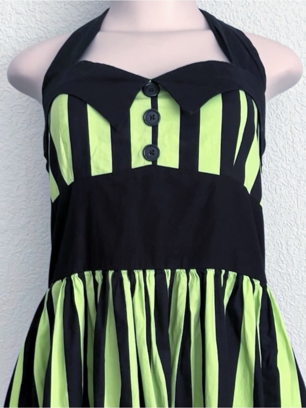 Magnolia Park Beetlejuice Costume Dress Green Black Striped Halter Rockabilly L - Picture 3 of 9